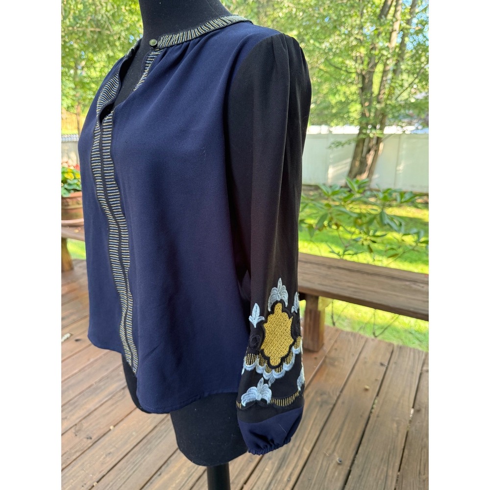 Anthropologie Vanessa Virginia Navy Blue Embroidered Long Sleeve Blouse XS